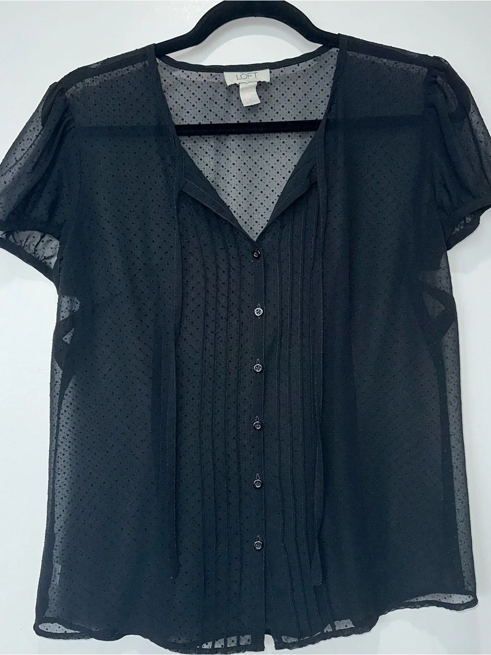 LOFT Black Dotted Sheer Button-Front Blouse